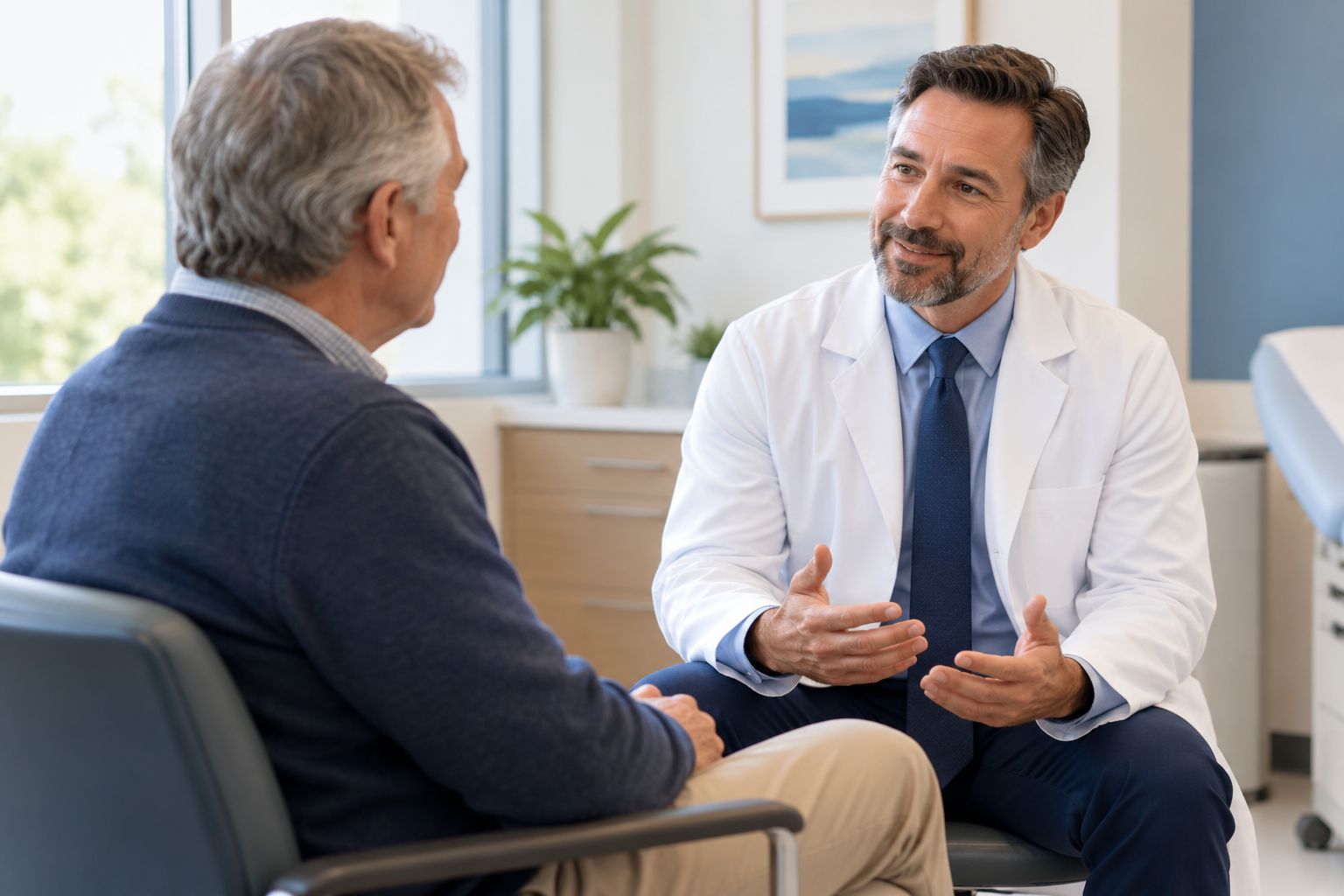 Illustrative image of a doctor having a friendly conversation with an adult patient